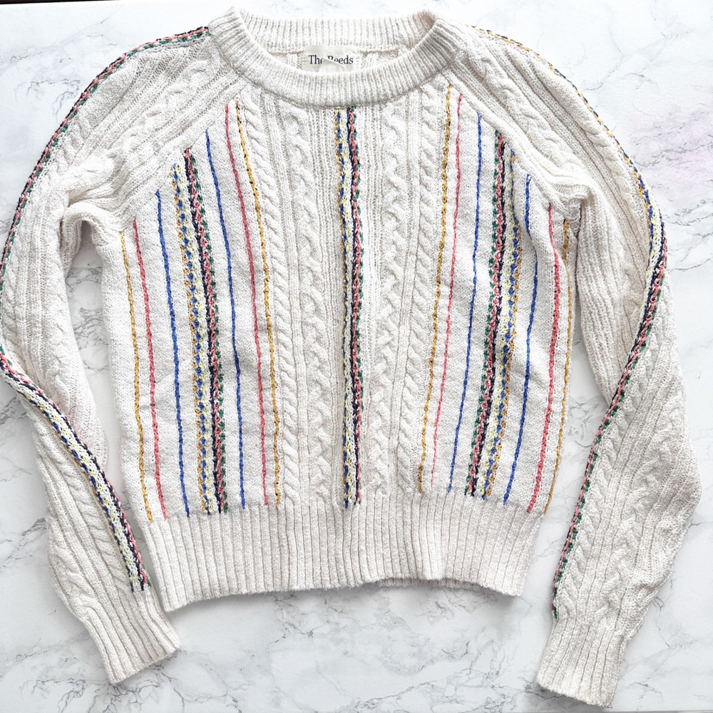 The Reeds X J. crew Cotton Silk Rainbow Striped Cream Sweater Women's Size XS